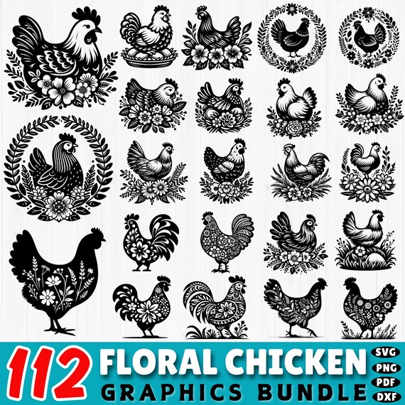 112 Floral chicken svg bundle | hen & rooster flower cut files | cricut svg dxf png pdf designs | farmhouse craft art | commercial use