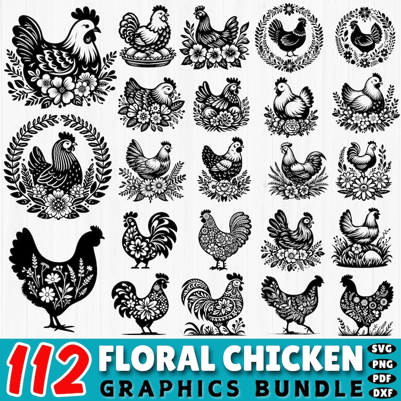 112 Floral chicken svg bundle | hen & rooster flower cut files | cricut svg dxf png pdf designs | farmhouse craft art | commercial use image 1