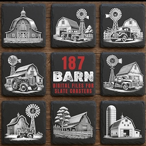 Pode incluir: Conjunto de nove bases de ardósia preta com ilustrações brancas de celeiros, moinhos de vento e caminhões antigos. Uma base apresenta o texto "187 BARN DIGITAL FILES FOR SLATE COASTERS" em vermelho e branco.