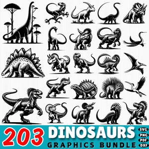 May include: A collection of 203 dinosaur graphics in black and white. The image features various dinosaur illustrations, including a Brachiosaurus, Stegosaurus, and Tyrannosaurus Rex. The text "203 DINOSAURS GRAPHICS BUNDLE" is displayed in a teal box.