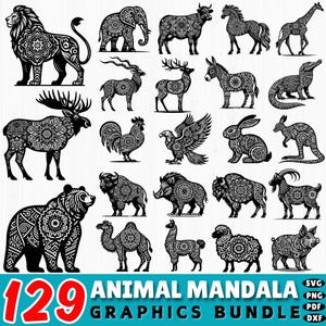 129 Animal Mandala SVG Bundle | Mandala Animals for Cricut | Wildlife DXF Cut Files | Zentangle Animal Clipart | Boho SVG Designs