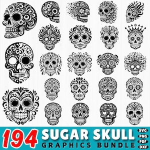 194 Sugar Skull SVG Bundle | Day of the Dead DXF Cut Files | Floral Calavera SVG Designs | Cricut Halloween Clipart Set | Commercial Use