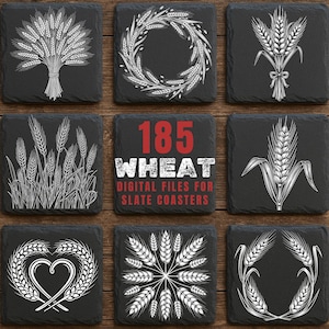 Op de afbeelding: Een verzameling van acht vierkante zwarte leistenen onderzetters met witte lijntekeningen van tarwestengels in diverse opstellingen, waaronder een krans, een hart en een boeket, met een centrale tegel met de tekst 185 WHEAT DIGITAL FILES.