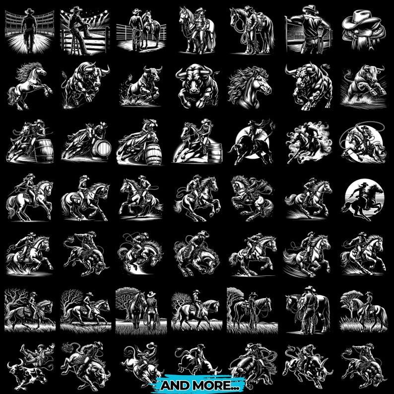 May include: A collection of black and white illustrations featuring cowboys, horses, and rodeo scenes. The images depict cowboys on horseback, bull riding, and various rodeo events. The phrase "AND MORE..." is at the bottom of the image.