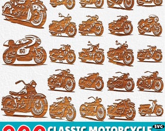 Könnte beinhalten: Eine Sammlung von 200 klassischen Motorraddesigns, lasergeschnitten und graviert. Die Motorräder sind in einem Holzmaserungsstil dargestellt und zeigen verschiedene Vintage-Modelle. Das Bild enthält den Text "200 CLASSIC MOTORCYCLE LASER CUT ENGRAVE".