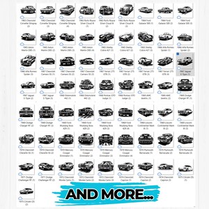 May include: A collection of classic car illustrations, including models like the Chevrolet Corvette Stingray, Ford Mustang Boss, and Jaguar E-Type. The image features various car models with their model year and name, and the text "AND MORE..."