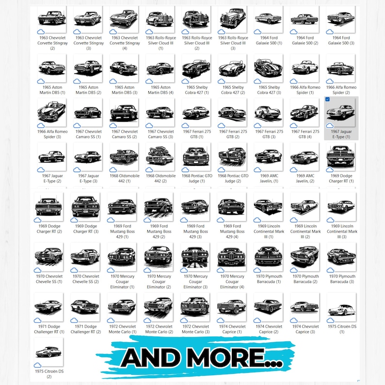 May include: A collection of classic car illustrations, including models like the Chevrolet Corvette Stingray, Ford Mustang Boss, and Jaguar E-Type. The image features various car models with their model year and name, and the text "AND MORE..."