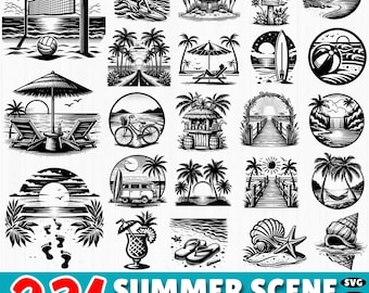 Pacchetto SVG Scena Estiva: Clipart Tramonto sulla Spiaggia, Cricut e Silhouette (Uso Commerciale, Download Digitale)
