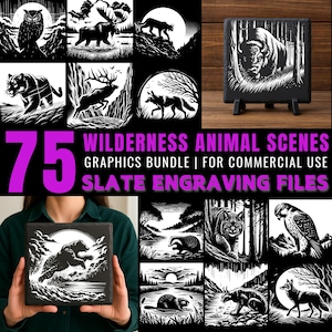 75 Wilderness Animal Scenes PNG Bundle | Slate Engraving Files for Laser Engraving & Sublimation | Wildlife Silhouette Clipart Pack