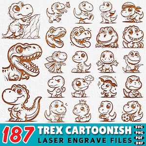 Lasergravure-bestanden 187 T-Rex Laser Cut Svg | Cartoon dinosaurus dxf-bestanden | Grappige dino-laserbundel | Gravure van Svg voor T Rex-borden