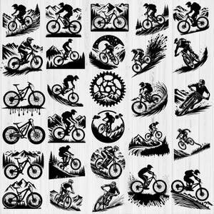Op de afbeelding: Een verzameling van 25 zwart-wit illustraties van mountainbikers die op verschillende terreinen rijden. De illustraties zijn in vintage stijl en tonen verschillende poses en hoeken.