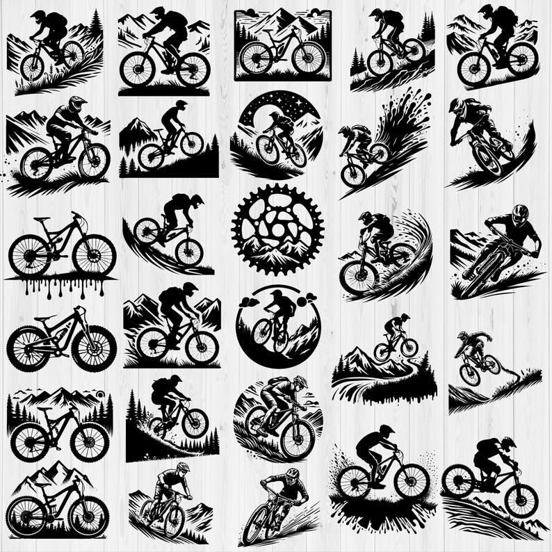 Op de afbeelding: Een verzameling van 25 zwart-wit illustraties van mountainbikers die op verschillende terreinen rijden. De illustraties zijn in vintage stijl en tonen verschillende poses en hoeken.