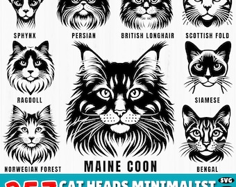 Minimalist Cat Heads SVG Bundle: 357 Cat Face Outline Designs (Commercial Use)