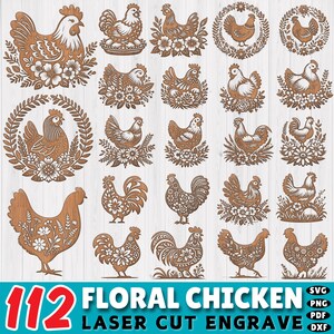 May include: 112 floral chicken designs for laser cutting and engraving. The designs feature chickens with floral patterns and wreaths. The designs are perfect for creating unique home decor, gifts, and crafts.