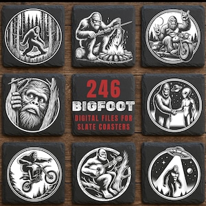 May include: Set of nine black slate coasters with Bigfoot-themed illustrations in white. Designs include Bigfoot in a forest, by a campfire, on a motorcycle, and with an alien. The center coaster reads "246 BIGFOOT DIGITAL FILES FOR SLATE COASTERS."