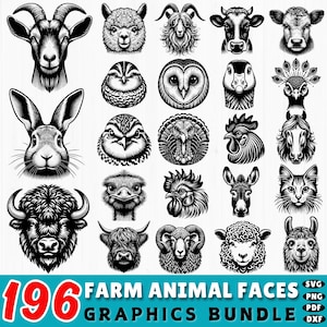 196 Farm Animals faces svg | dxf cricut cut files | cow pig chicken horse sheep goat clipart bundle | barnyard animal silhouette designs