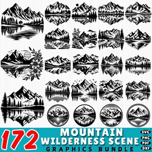 May include: A bundle of 172 black and white mountain wilderness scene graphics. The designs feature mountain ranges, trees, and lake reflections, with some including a house or sun. Formats include SVG, PNG, PDF, and DXF.