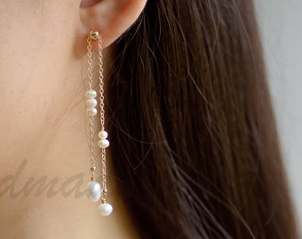 Freshwater drop earrings, Long chain earrings, Adjustable Double chain earrings, Bridal Jewelry, Wedding Earrings, Minimalist earrings