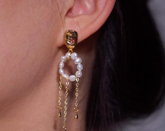 Clip On Nature Pearl Dangle Earrings, Clip on Pain Free Dainty Pearl Earrings, Drop Pearl Earrings, Wedding Earrings, Bridesmaid Gift, Gift