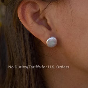 AAAA White Coin Pearl Studs Earrings, Baroque Earrings, Freshwater Pearl Eearstuds, S925 Sterling Silver Ear studs Earrings, Wedding Earring