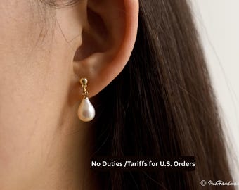 Brincos de pressão em ouro 14k, brincos de pérola de água doce, brincos de pressão para noivas, brincos de casamento, sem piercing na orelha, presente para mãe