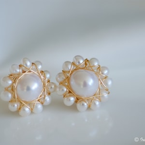 Bridal  Pearl Earrings, Pearl Stud Bridal Earrings, Wire Wrapped Stud Earrings, Mother&#39;s Day Gift