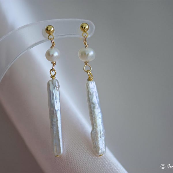 Gold Filled Baroque Pearl earrings, Elegant Dangle Drop Earrings, Gold Pearl Earrings, Strip Pearl Ear Hoop, Stud Earrings, Wedding Jewelry