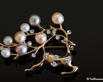 Real Dainty Freshwater,  Pearl Broocch Pin , Christmas Deer Brooch Pin,  Christmas Gift, Cubic Zirconia Brooch,  Gift For Her