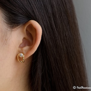 18k Gold Filled Pearl Stud Earrings, Natural Freshwater Pearl Geometry Earrings, Minimalist Gold Earrings, Gifts for Her, Silver Earrings