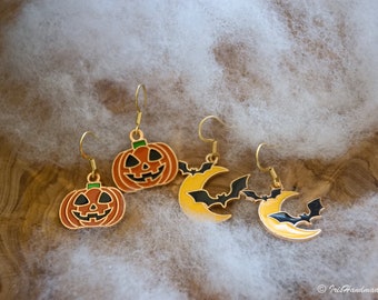 Halloween Bats and Moon earrings | Dangling Halloween Earrings | Moon Phase Earrings Pumpkin Earrings | Thanksgiving Earrings |Cute Earrings