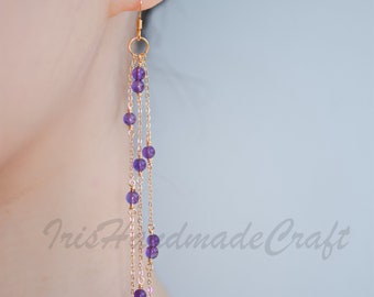 Boucles d'oreilles en quartz grenat naturel, boucles d'oreilles en cristal violet boucles d'oreilles grenat créoles, bijoux de mariée, boucles d'oreilles de guérison de demoiselles d'honneur