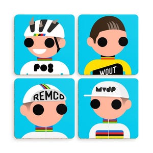 May include: Four square coasters with blue backgrounds and cartoon illustrations of cyclists wearing helmets and jerseys. The cyclists' names are written on their jerseys: "POG", "WOUT", "REMCO", and "MVDP".