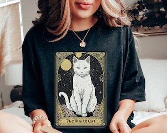 The White Cat Tarot Card Shirt, Cat Shirt, White Cat Shirt Tarot Shirt, Tarot Shirts, Women Tarot Card Shirt, Cat Mom Gifts, Cottagecore