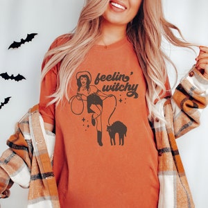 Halloween T Shirt, Western Cowgirl Tee, Women's Graphic Tshirt, Rodeo, Black Cat, Retro Halloween, Witch Tee, Comfort Colors®, Gift For Her