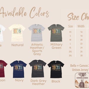 Puede incluir: Una tabla de tallas para una camiseta unisex de jersey con un gr&aacute;fico del a&ntilde;o 1975. La tabla muestra el ancho y la longitud de la camiseta en pulgadas para las tallas XS a 3XL. La camiseta est&aacute; disponible en 10 colores: blanco, natural, gris jaspeado deportivo/gris deportivo, verde militar, granate, azul marino, gris oscuro jaspeado, negro y dos tonos de gris.
