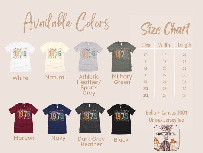 Puede incluir: Una tabla de tallas para una camiseta unisex de jersey con un gr&aacute;fico del a&ntilde;o 1975. La tabla muestra el ancho y la longitud de la camiseta en pulgadas para las tallas XS a 3XL. La camiseta est&aacute; disponible en 10 colores: blanco, natural, gris jaspeado deportivo/gris deportivo, verde militar, granate, azul marino, gris oscuro jaspeado, negro y dos tonos de gris.