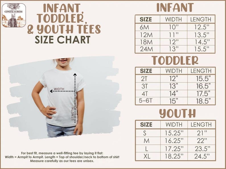 May include: Size chart for infant, toddler, and youth tees. The chart includes measurements for width and length in inches for sizes 6M to XL. A child models a white tee, demonstrating how to measure the shirt for the best fit.