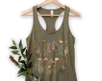 Wildflower Tank Top, Floral Tank Top, Wildflower Women's Racerback, Cottagecore Tank Top, Pressed Flowers Top, Gift For Her