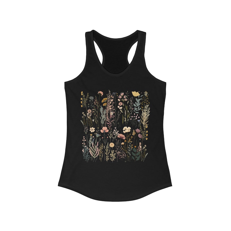 Wildflower Tank Top, Floral Tank Top, Wildflower Women's Racerback, Cottagecore Tank Top, Pressed Flowers Top, Gift For Her Solid Black