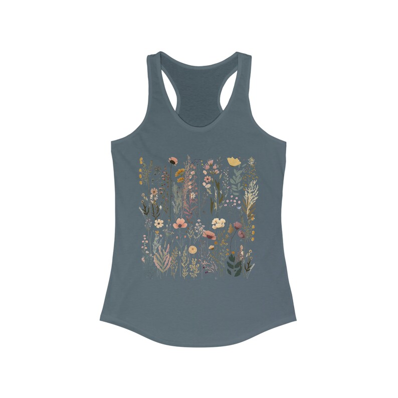 Wildflower Tank Top, Floral Tank Top, Wildflower Women's Racerback, Cottagecore Tank Top, Pressed Flowers Top, Gift For Her Solid Indigo