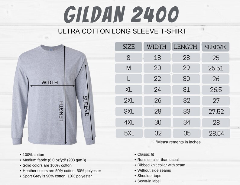 Puede incluir: Una camiseta gris de manga larga con la etiqueta Gildan 2400 Ultra Cotton Long Sleeve T-Shirt. La tabla de tallas muestra las medidas en pulgadas para las tallas S a 5XL.