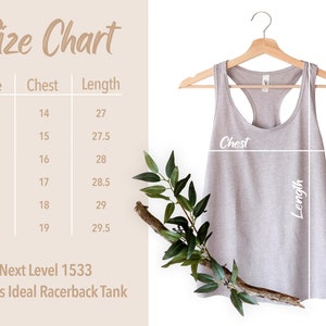 May include: Size chart for a racerback tank top. The chart shows sizes XS to 2XL with corresponding chest and length measurements in inches. The chart is labeled "Next Level 1533 Ladies Ideal Racerback Tank".