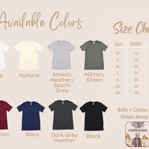 Op de afbeelding: Een maattabel voor de Bella + Canvas 3001 Unisex Jersey Tee, met de breedte- en lengtemaat in inches voor maten XS tot 3XL. De tabel wordt weergegeven naast een selectie van T-shirt kleuren, waaronder wit, naturel, sport heather/sport grijs, militaire groen, maroon, navy, donker grijs heather en zwart.