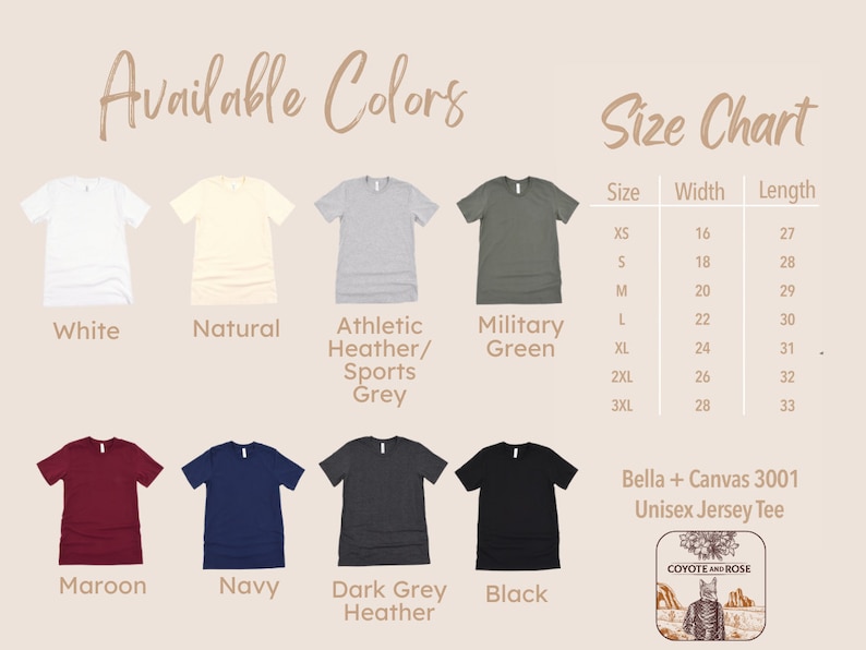 Op de afbeelding: Een maattabel voor de Bella + Canvas 3001 Unisex Jersey Tee, met de breedte- en lengtemaat in inches voor maten XS tot 3XL. De tabel wordt weergegeven naast een selectie van T-shirt kleuren, waaronder wit, naturel, sport heather/sport grijs, militaire groen, maroon, navy, donker grijs heather en zwart.