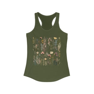 Wildflower Tank Top, Floral Tank Top, Wildflower Women's Racerback, Cottagecore Tank Top, Pressed Flowers Top, Gift For Her Solid Military Green