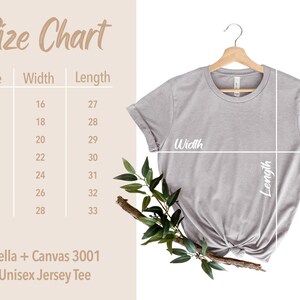 May include: Size chart for a Bella + Canvas 3001 Unisex Jersey Tee. The chart shows the width and length measurements in inches for sizes XS to 3XL.
