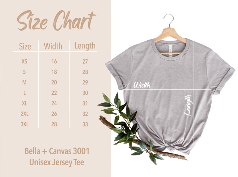 May include: Size chart for a Bella + Canvas 3001 Unisex Jersey Tee. The chart shows the width and length measurements in inches for sizes XS to 3XL.