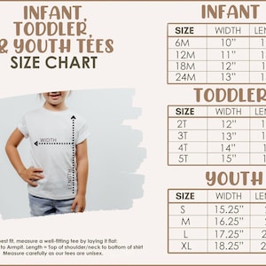 Puede incluir: Tabla de tallas para camisetas de beb&eacute;, ni&ntilde;o peque&ntilde;o y ni&ntilde;o. La tabla muestra las medidas de ancho y largo en pulgadas para cada talla.