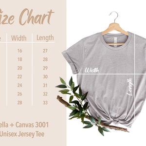 May include: Size chart for a Bella + Canvas 3001 Unisex Jersey Tee. The chart shows the width and length measurements in inches for sizes XS to 3XL.