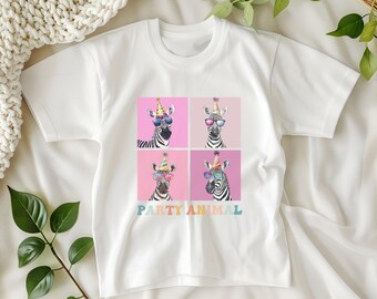May include: White t-shirt with a graphic of four zebras wearing party hats and sunglasses. The zebras are arranged in a grid pattern. The text "Party Animal" is printed below the zebras.